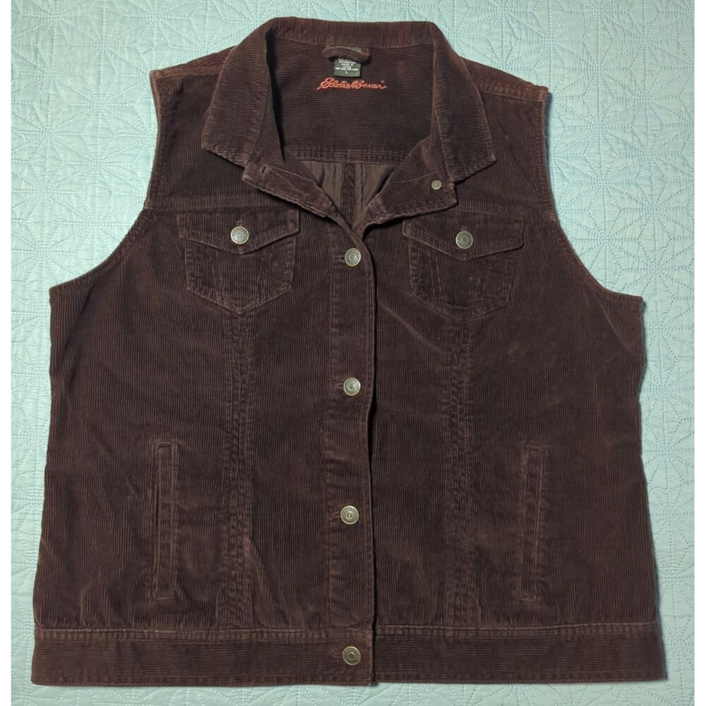 Eddie Bauer Corduroy Vest Womens L Brown Cotton Stretch Button Front Trucker Y2K